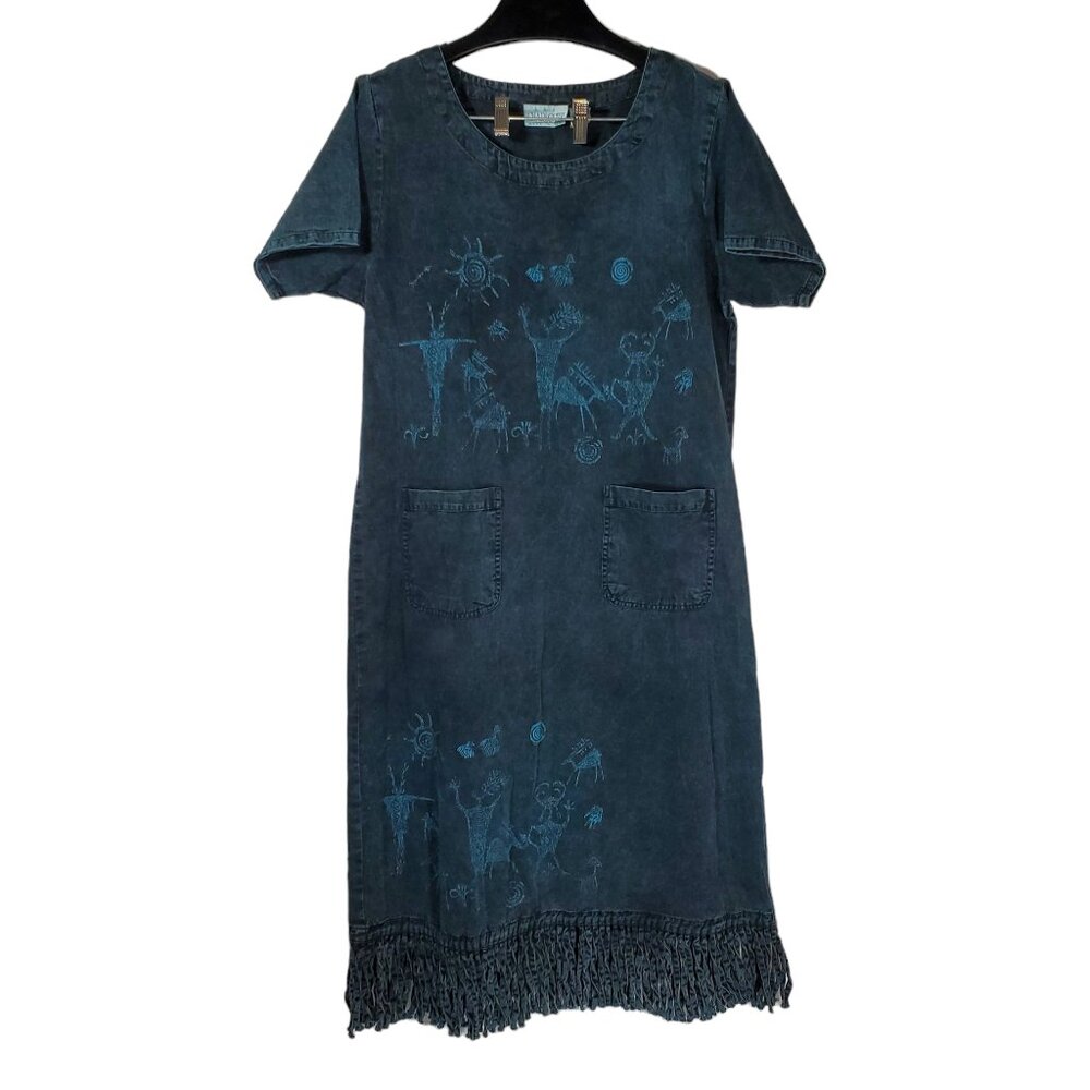 VTG Charlotte Tribe Scene T-Shirt Dress Blue/Green Acid-Wash Denim Fringe Paint